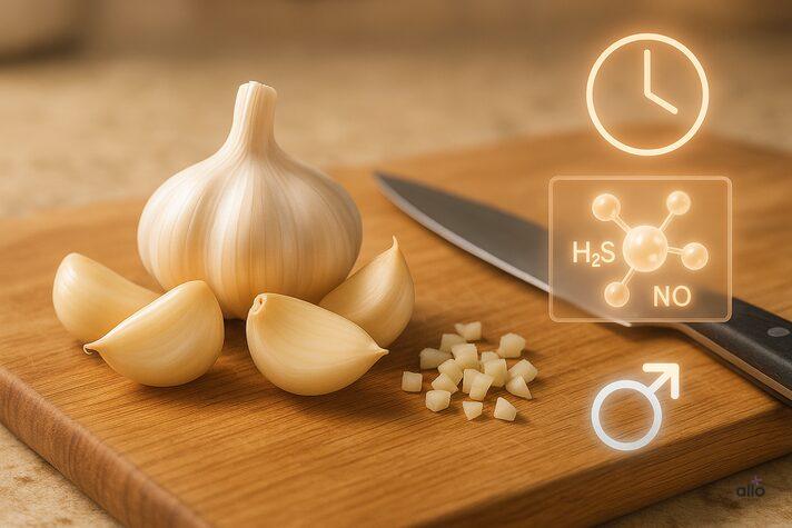 Close-up of peeled raw garlic cloves on cutting board with knife and timer icon highlighting is garlic good for erectile dysfunction when eaten raw