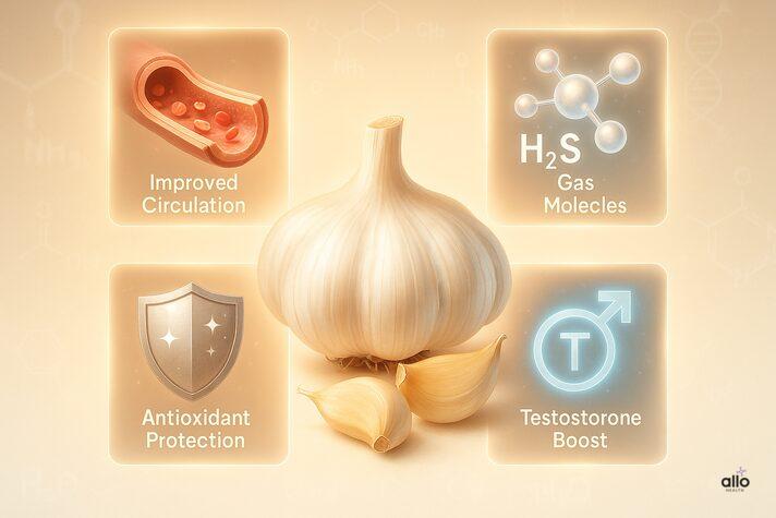 Infographic with central garlic bulb surrounded by icons showing blood flow, nitric oxide, antioxidants, and testosterone explaining is garlic good for erectile dysfunction