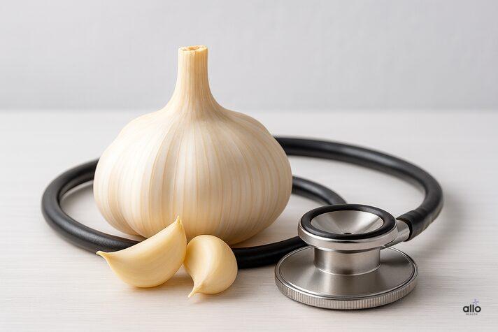 Garlic bulb with stethoscope and warm sunlight background representing medical guidance and holistic care on is garlic good for erectile dysfunction