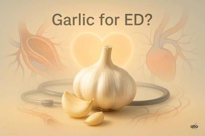 Garlic bulb with peeled cloves in the foreground and a glowing heart with artery illustrations in the background, symbolizing circulation and answering is garlic good for erectile dysfunction.