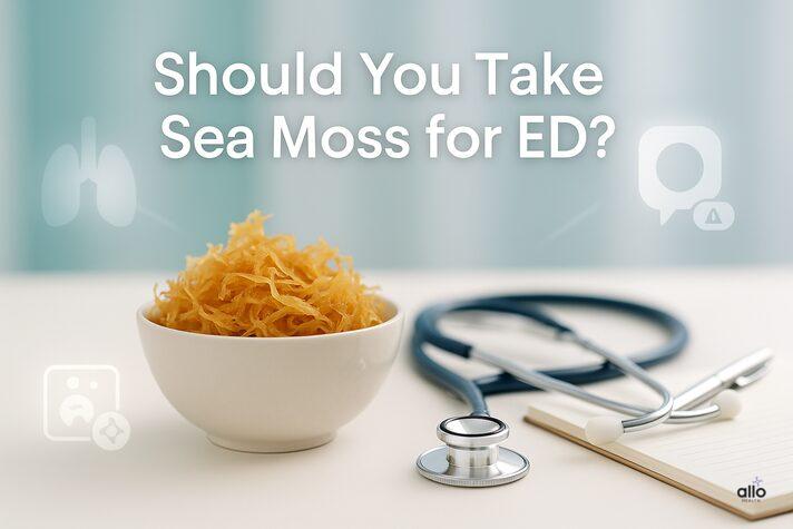 Sea moss bowl placed beside a doctor’s stethoscope and notepad on white clinical table, summarizing sea moss erectile dysfunction conclusion.