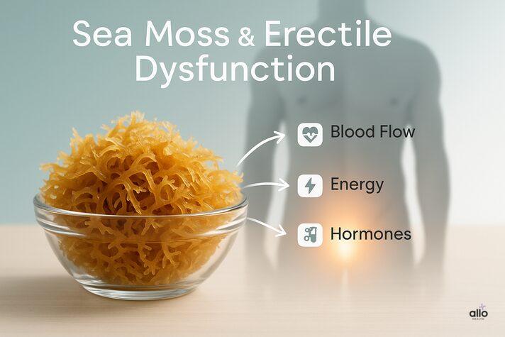 Glass bowl of sea moss with glowing male silhouette and arrows for blood flow, energy, and hormones, illustrating sea moss erectile dysfunction link.