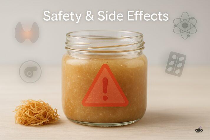 Glass jar of sea moss with red caution icon, thyroid silhouette, pill strip, and heavy metal hazard icon, warning about sea moss erectile dysfunction risks.