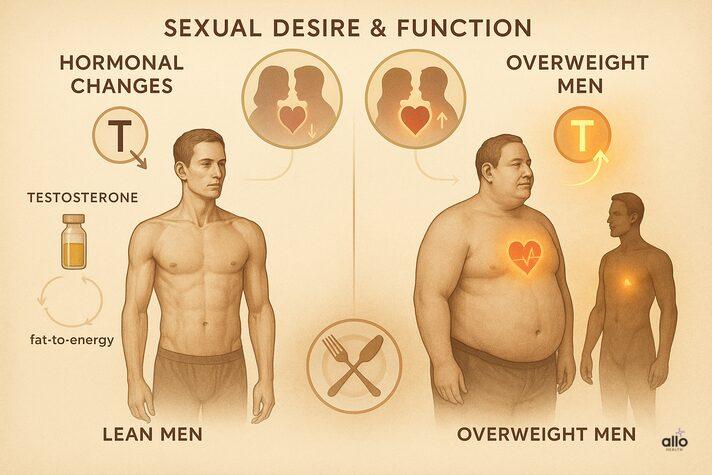 Split illustration showing lean male with lower testosterone and overweight male improving testosterone after fasting, with libido icons — explaining can fasting cause erectile dysfunction.