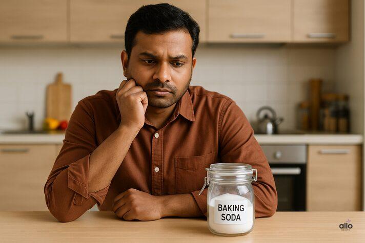 Indian man in a modern kitchen looking confused at a jar labeled baking soda, symbolizing myths around baking soda and erectile dysfunction.