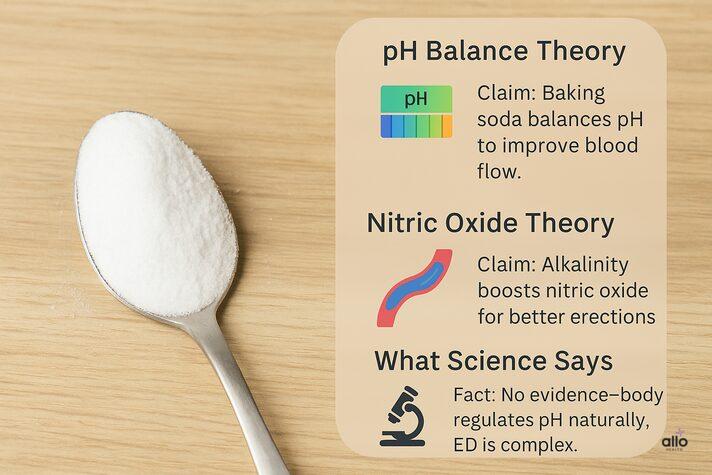 Spoon of baking soda on wooden surface with infographic bubbles explaining pH theory, nitric oxide theory, and science on baking soda and erectile dysfunction.
