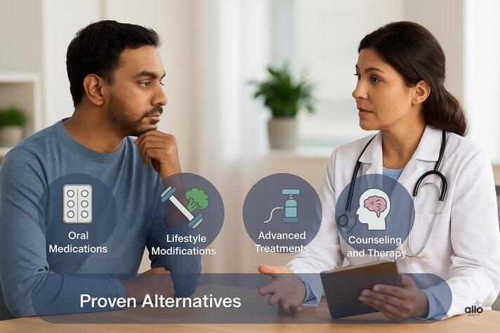 Doctor consulting a male patient with infographic icons showing proven alternatives to baking soda and erectile dysfunction treatment like medications, lifestyle changes, and therapy.
