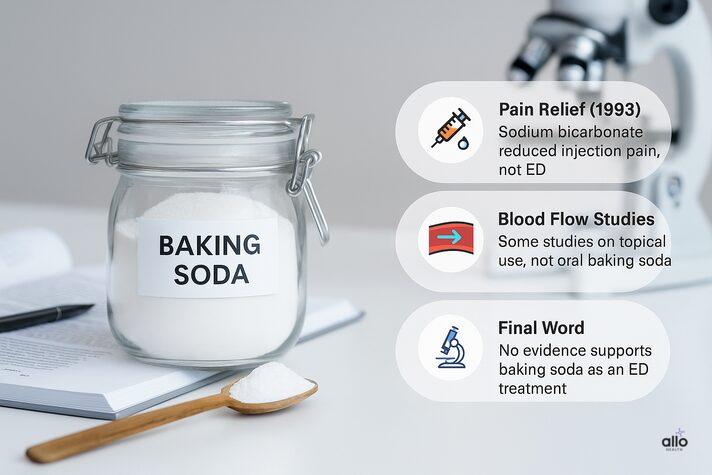 Baking soda jar on laboratory desk with infographic bubbles summarizing research studies and scientific evidence about baking soda and erectile dysfunction.