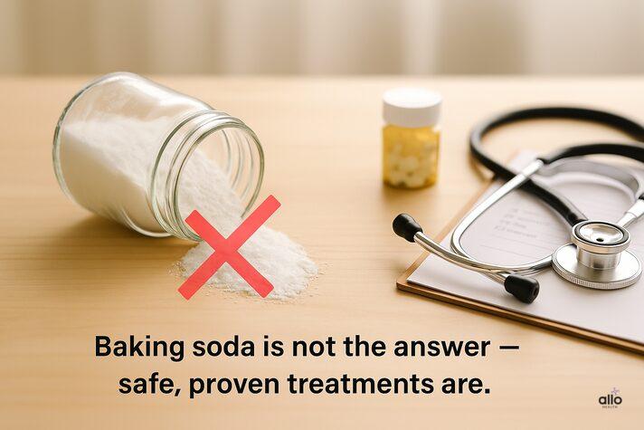 Baking soda and erectile dysfunction not connected — jar marked with X beside medical tools for proven ED care