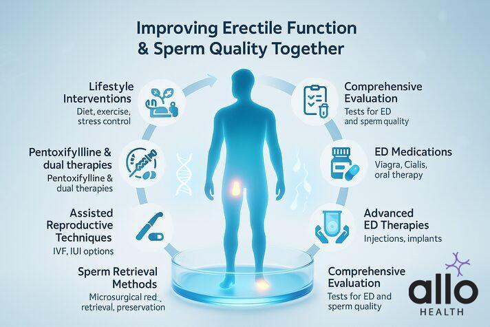 Infographic on improving erectile function and sperm quality together, showing lifestyle changes, medications, therapies, and fertility treatments – can impotent man produce sperm.