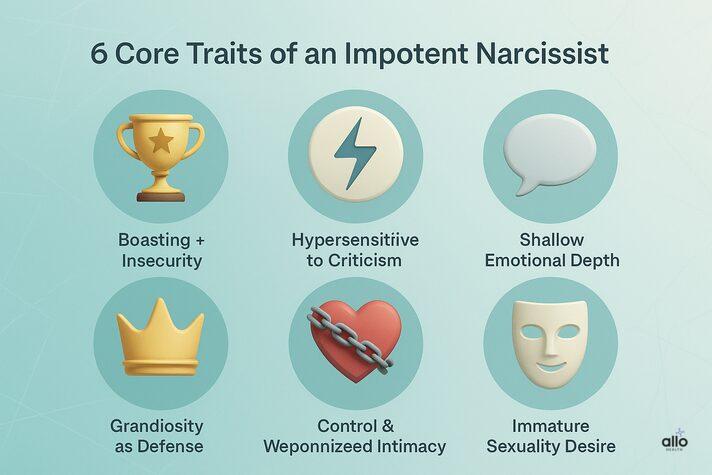 Erectile Dysfunction and Narcissism: Is There a Connection? 5 : Infographic showing 6 core traits of an impotent narcissist with icons for inflated ego, hypersensitivity to criticism, shallow emotions, grandiosity, control in intimacy, and immature sexuality.