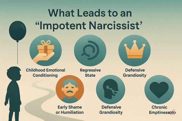 Erectile Dysfunction and Narcissism: Is There a Connection? 3 Infographic of psychological pathways leading to an impotent narcissist, with icons for childhood conditioning, regression, shame, defensive grandiosity, and chronic emptiness.