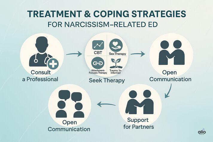 Erectile Dysfunction and Narcissism: Is There a Connection? 7 Infographic of treatment strategies for an impotent narcissist with ED, including medical consultation, therapy approaches like CBT and sex therapy, open communication, and partner support.