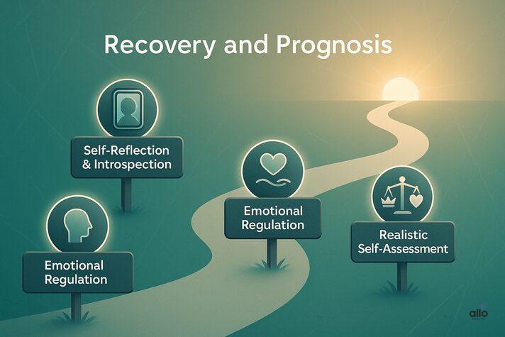 Erectile Dysfunction and Narcissism: Is There a Connection? 8 Infographic showing recovery journey of an impotent narcissist with erectile dysfunction, including self-reflection, boundary setting, emotional regulation, and realistic self-assessment.