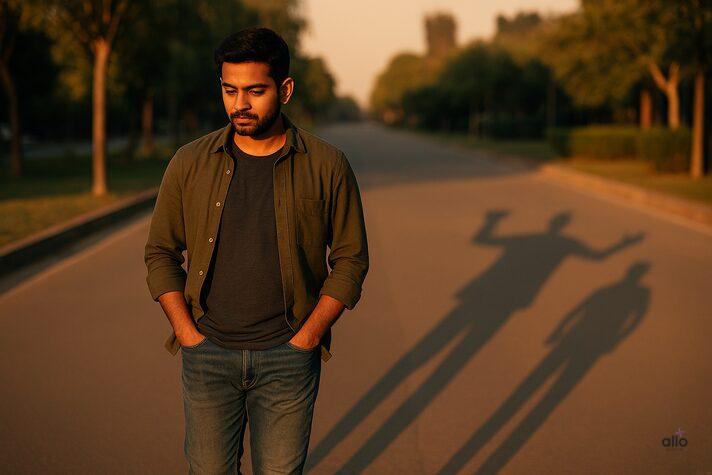 Erectile Dysfunction and Narcissism: Is There a Connection? 1 image of an Indian man walking at sunset with two diverging shadows, symbolizing the contrast between the true self and the grandiose persona of an impotent narcissist.