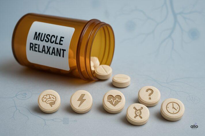 Conceptual photo of a muscle relaxant pill bottle tipped over with tablets engraved with icons for brain, nerves, blood flow, hormones, time, and uncertainty, visually answering can muscle relaxers cause ED.