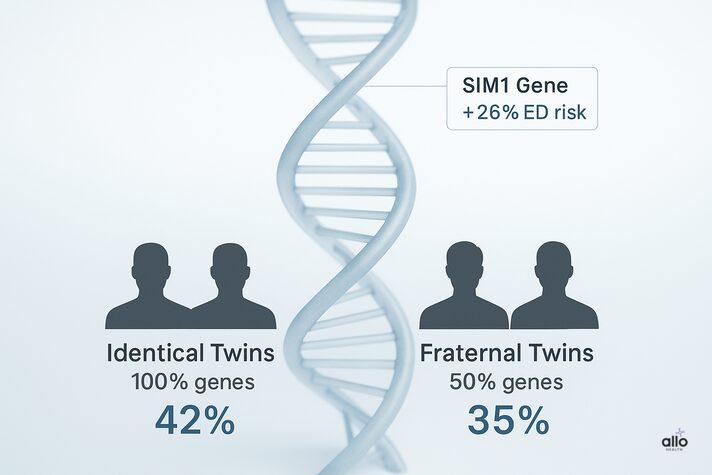 Genetics and Erectile Dysfunction: Link and Factors Affecting 3 Infographic explaining is erectile dysfunction genetic, showing twin studies with higher heritability in identical twins (42%) vs fraternal twins (35%), and highlighting the SIM1 gene linked to a 26% increased ED risk.