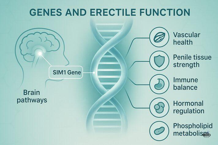 Genetics and Erectile Dysfunction: Link and Factors Affecting 4 Infographic showing how is erectile dysfunction genetic relates to the SIM1 gene and brain pathways, with factors like vascular health, penile tissue strength, immune balance, hormonal regulation, and phospholipid metabolism.