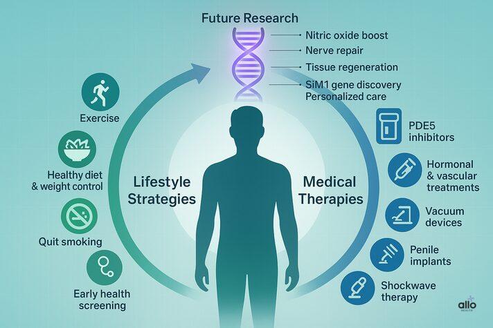 Genetics and Erectile Dysfunction: Link and Factors Affecting 7 Infographic explaining is erectile dysfunction genetic management options, showing lifestyle strategies, medical therapies, and future gene research around a male silhouette.