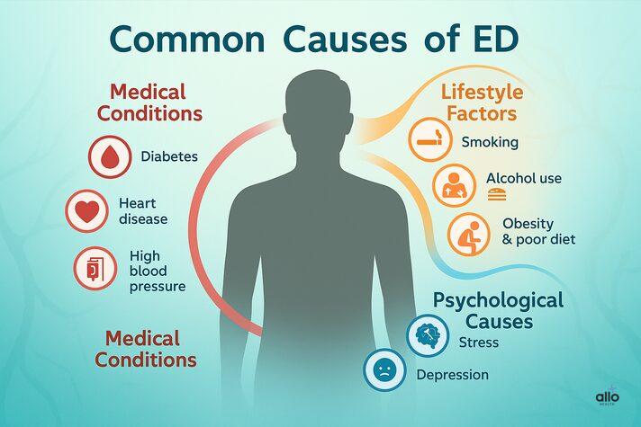 Genetics and Erectile Dysfunction: Link and Factors Affecting 6 Infographic on is erectile dysfunction genetic and other common causes of ED, highlighting medical conditions, lifestyle habits, and psychological factors.