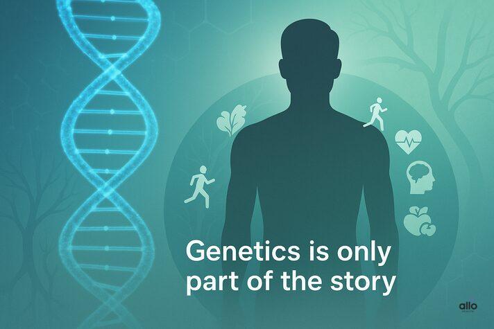 Genetics and Erectile Dysfunction: Link and Factors Affecting 1 Visual showing DNA helix and male silhouette with lifestyle icons, illustrating that while is erectile dysfunction genetic is true, lifestyle and health also play major roles.