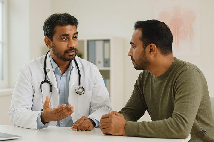 Sex Toys and Erectile Dysfunction: Can They Help Improve Performance? 9 Doctor explaining treatment options for erectile dysfunction to a male patient in a clinic, highlighting the role of sex toys for erectile dysfunction as supportive tools.