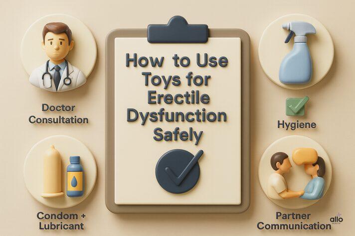Sex Toys and Erectile Dysfunction: Can They Help Improve Performance? 8 Infographic checklist with doctor consultation, hygiene, condom and lubricant, and partner communication icons, guiding safe use of sex toys for erectile dysfunction.