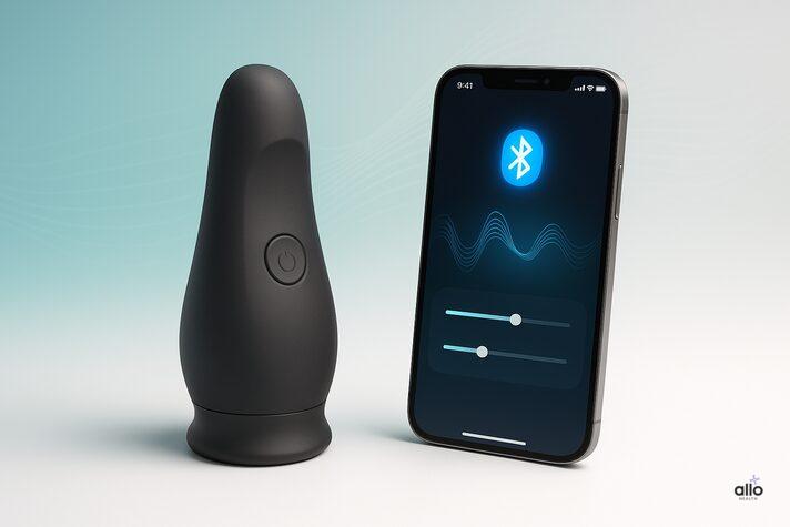 Sex Toys and Erectile Dysfunction: Can They Help Improve Performance? 7 Modern health-tech gadget beside smartphone with Bluetooth app interface, symbolizing smart sex toys for erectile dysfunction with customizable features.