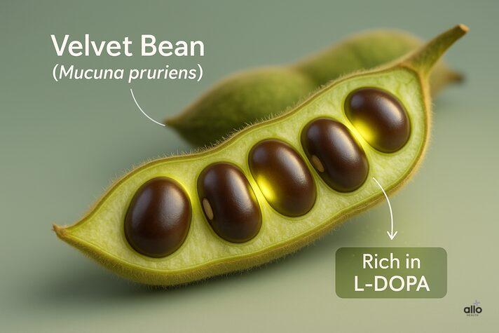 Mucuna Pruriens and Erectile Dysfunction: Uses and Benefits in Sexual Health 1 cross-section of Mucuna pruriens pod showing seeds rich in L-DOPA, used in studies of Mucuna pruriens for erectile dysfunction