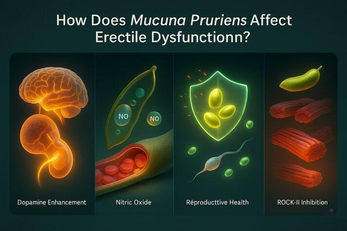 Mucuna Pruriens and Erectile Dysfunction: Uses and Benefits in Sexual Health 3 “Infographic showing how Mucuna pruriens for erectile dysfunction may work through dopamine boost, nitric oxide support, antioxidant protection, improved sperm health, and ROCK-II inhibition.