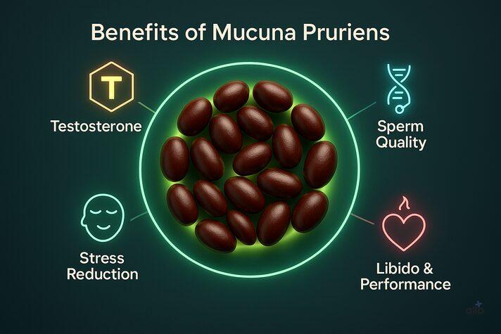 Mucuna Pruriens and Erectile Dysfunction: Uses and Benefits in Sexual Health 5 Infographic showing benefits of Mucuna pruriens for erectile dysfunction including testosterone boost, sperm quality, stress reduction, and improved libido.