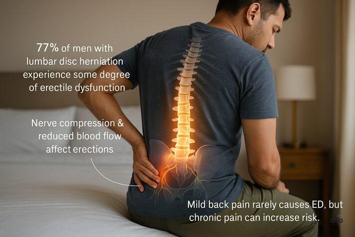 Back Pain (Lower Back) and Erectile Dysfunction: Link Between and Effects 1 Medical illustration of lumbar spine and pelvic nerves highlighting how back pain and erectile dysfunction are connected, with statistics on nerve compression.