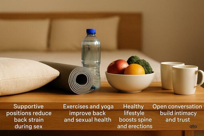 Back Pain (Lower Back) and Erectile Dysfunction: Link Between and Effects 7 Realistic lifestyle photo representing solutions for back pain and erectile dysfunction with pillow support, yoga, healthy diet, and partner communication.