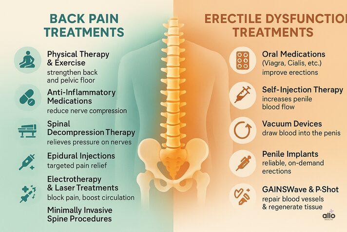 Back Pain (Lower Back) and Erectile Dysfunction: Link Between and Effects 6 Infographic treatment roadmap comparing options for back pain and erectile dysfunction, including physical therapy, medications, vacuum devices, and implants.