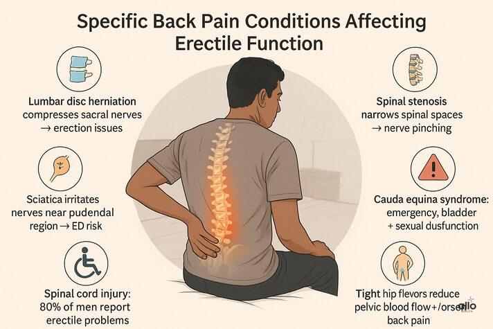 Back Pain (Lower Back) and Erectile Dysfunction: Link Between and Effects 4 Medical infographic of back pain conditions like lumbar disc herniation, sciatica, and spinal cord injury that increase risk of back pain and erectile dysfunction.