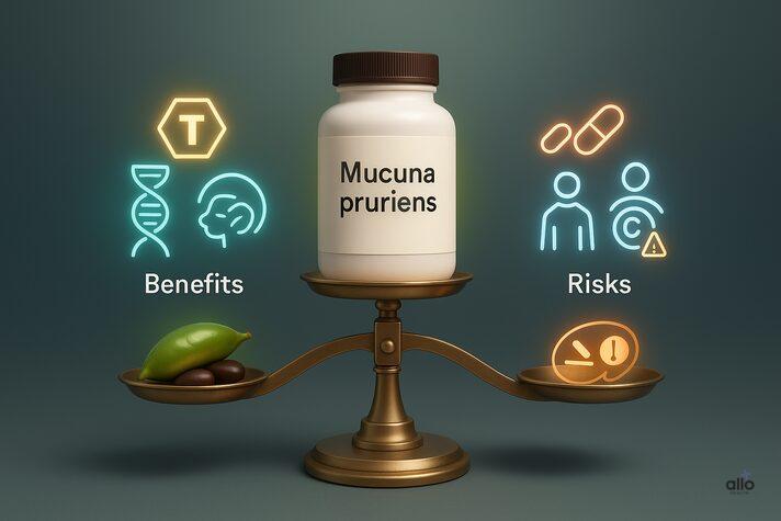 Mucuna Pruriens and Erectile Dysfunction: Uses and Benefits in Sexual Health 7 infographic of Mucuna pruriens for erectile dysfunction showing balance of benefits like testosterone and sperm quality against risks like uncertain dosage and limited studies.