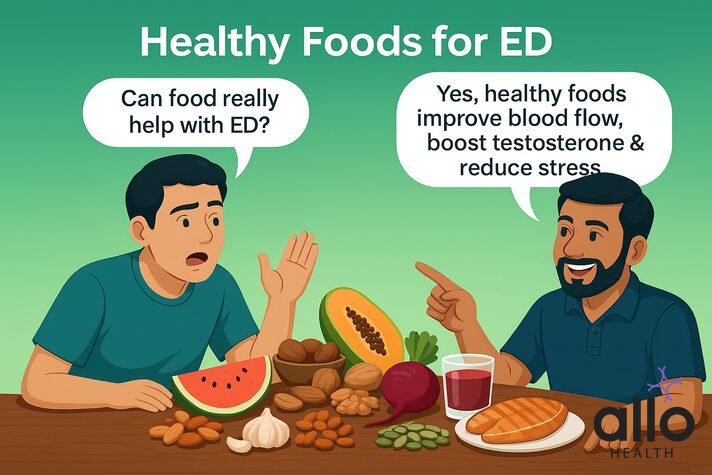Healthy foods jaise fruits, nuts aur juice ED mein help karte hain.