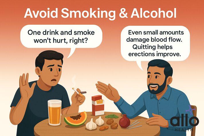 Smoking aur alcohol blood flow ko damage karke ED ko badhate hain.