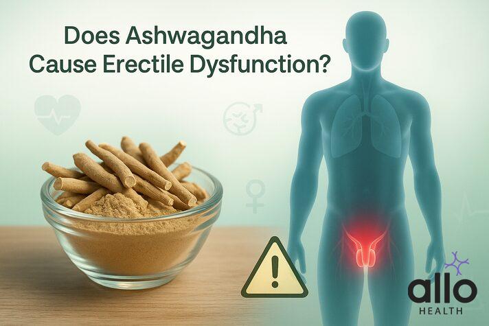 infographic showing Ashwagandha roots beside a male silhouette with highlighted pelvic region, explaining the question can ashwagandha cause erectile dysfunction with neutral or positive effects on sexual health.