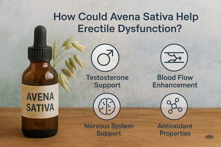 Avena Sativa for Erectile Dysfunction: Link Between and Side Effects 3 Illustration of avena sativa for erectile dysfunction showing four benefits: testosterone support, improved blood flow, nervous system calming, and antioxidant protection.