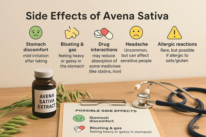 Avena Sativa for Erectile Dysfunction: Link Between and Side Effects 4 photo of avena sativa for erectile dysfunction showing supplement bottle with side effects icons — stomach discomfort, bloating, headache, allergy, and drug interactions.