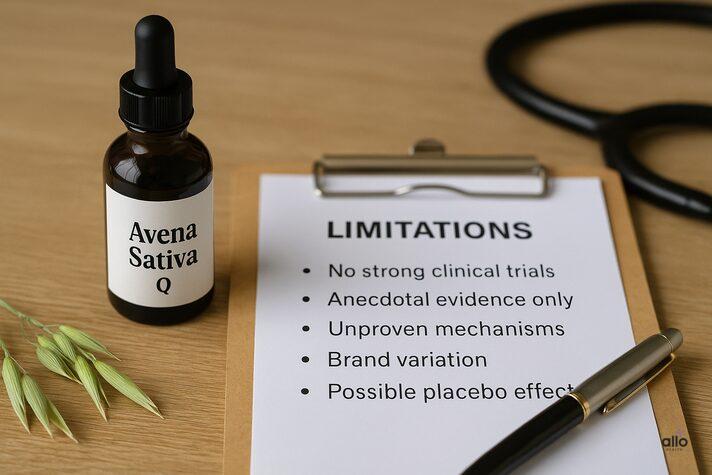 Avena Sativa for Erectile Dysfunction: Link Between and Side Effects 6 Avena sativa Q bottle on a doctor’s desk beside a clipboard listing limitations such as lack of trials and variable potency — balanced view of avena sativa for erectile dysfunction.