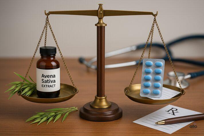 Avena Sativa for Erectile Dysfunction: Link Between and Side Effects 7 Realistic balance scale comparing avena sativa for erectile dysfunction on one side with herbal bottle and oat straw, and evidence-based ED pills with prescription on the other