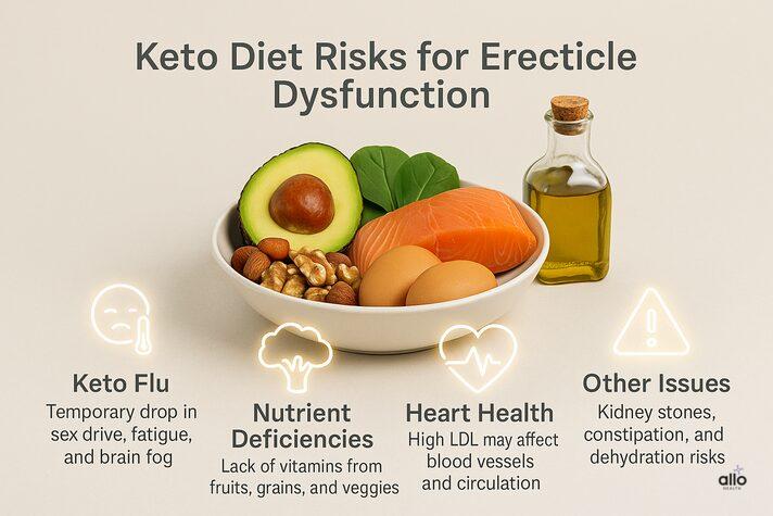 Keto Diet and Erectile Dysfunction: Link, Effects and Benefits on Sexual health 5 infographic of a keto food bowl with warning icons for keto flu, nutrient deficiencies, heart health, and other health issues, explaining risks of can keto diet help with erectile dysfunction.