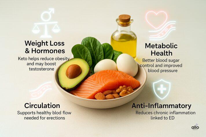 Keto Diet and Erectile Dysfunction: Link, Effects and Benefits on Sexual health 3 infographic of a keto food bowl with four icons showing benefits — weight loss, metabolic health, blood circulation, and anti-inflammatory effects — highlighting keto diet and erectile dysfunction benefits.