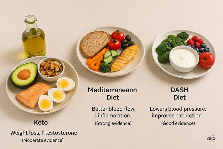 Keto Diet and Erectile Dysfunction: Link, Effects and Benefits on Sexual health 7 side-by-side comparison of keto, Mediterranean, and DASH diet plates with labels showing their benefits for erectile dysfunction, comparing can keto diet help with erectile dysfunction against other diets.