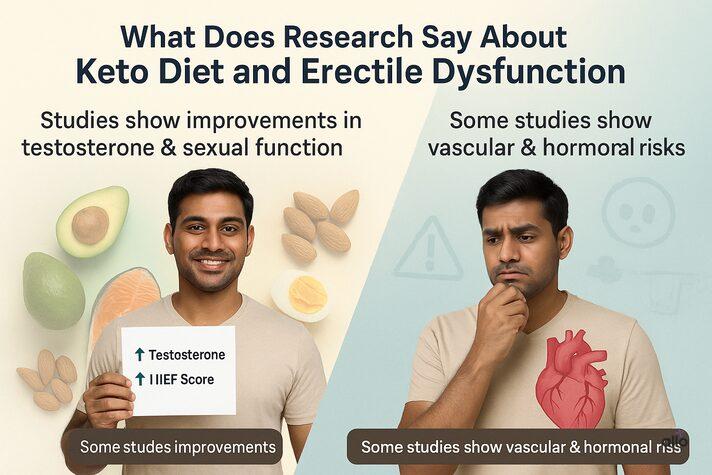 Keto Diet and Erectile Dysfunction: Link, Effects and Benefits on Sexual health 4 split-scene infographic of an Indian man showing positive outcomes like increased testosterone on one side and risks like vascular concerns on the other, representing mixed research on can keto diet help with erectile dysfunction.