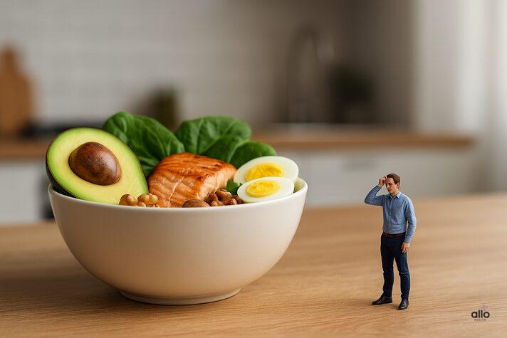 Keto Diet and Erectile Dysfunction: Link, Effects and Benefits on Sexual health 1 illustration showing a small man looking confused at a giant bowl of keto foods like avocado, salmon, eggs, and nuts, symbolizing the confusion around can keto diet help with erectile dysfunction