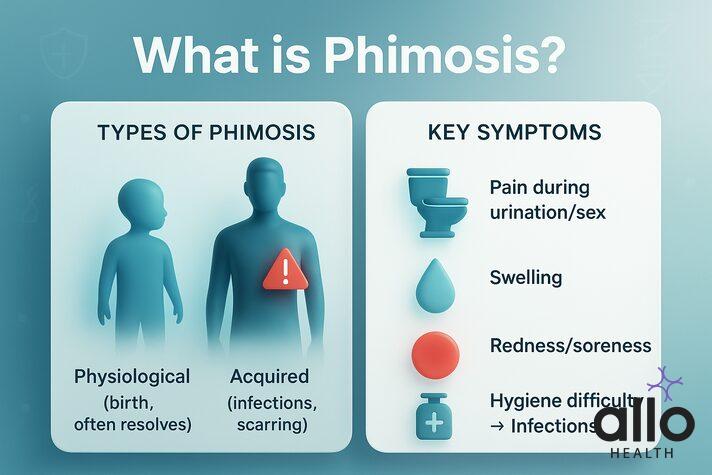 Phimosis erectile dysfunction infographic showing types of phimosis (physiological and acquired) and key symptoms like pain, swelling, redness, and hygiene issues.