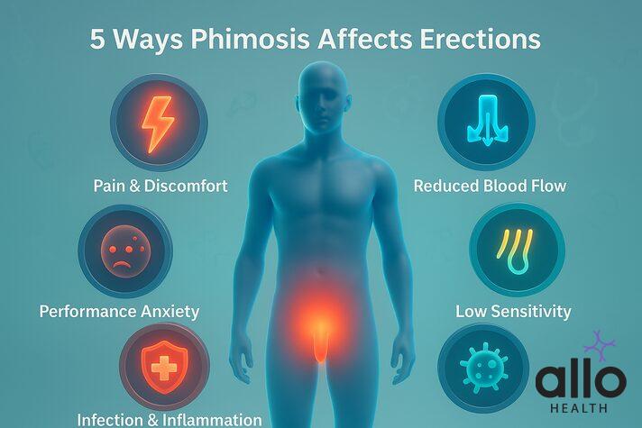 Phimosis erectile dysfunction 3D infographic with a male silhouette surrounded by icons representing pain, reduced blood flow, low sensitivity, performance anxiety, and infection.
